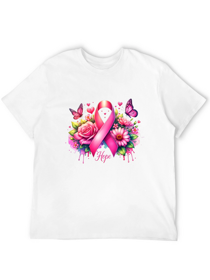 Breast Cancer Awareness T-Shirt with Pink Ribbon and Flowers