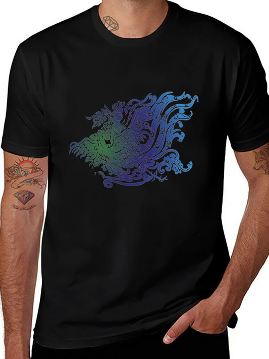 Mens Black T-shirt with Colorful Abstract Dragon Graphic