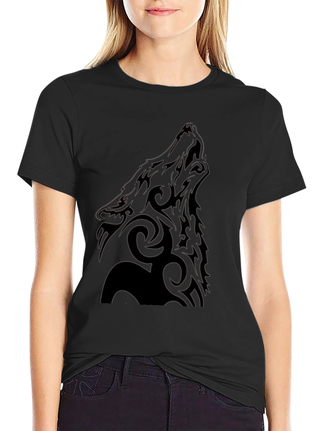 Tribal Wolf Graphic Black T-Shirt