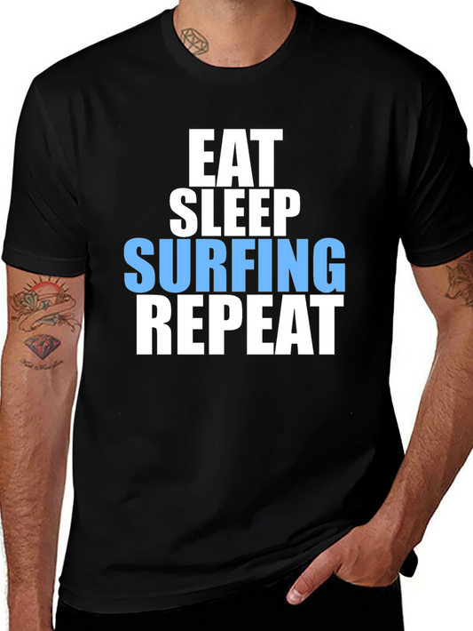 Eat Sleep Surfing Repeat Mens Black Graphic T-Shirt