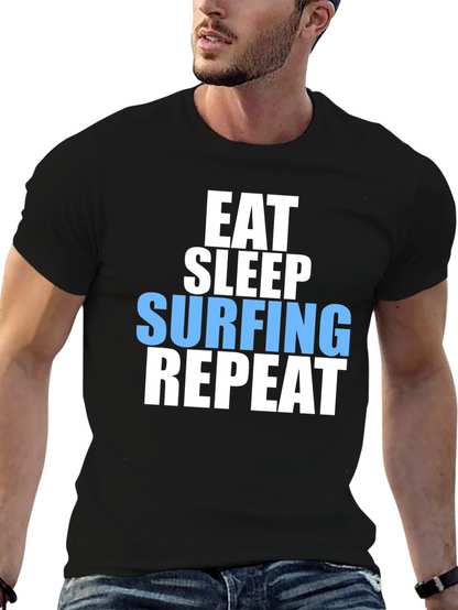 Eat Sleep Surfing Repeat Mens Black Graphic T-Shirt