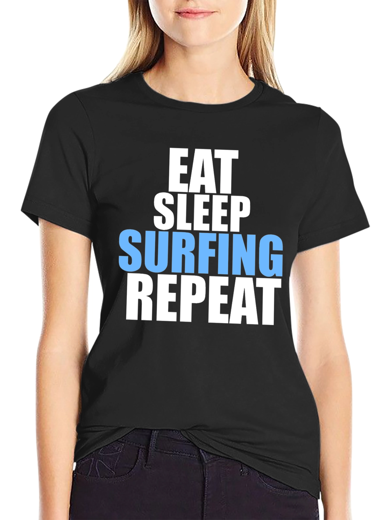 Eat Sleep Surfing Repeat Mens Black Graphic T-Shirt