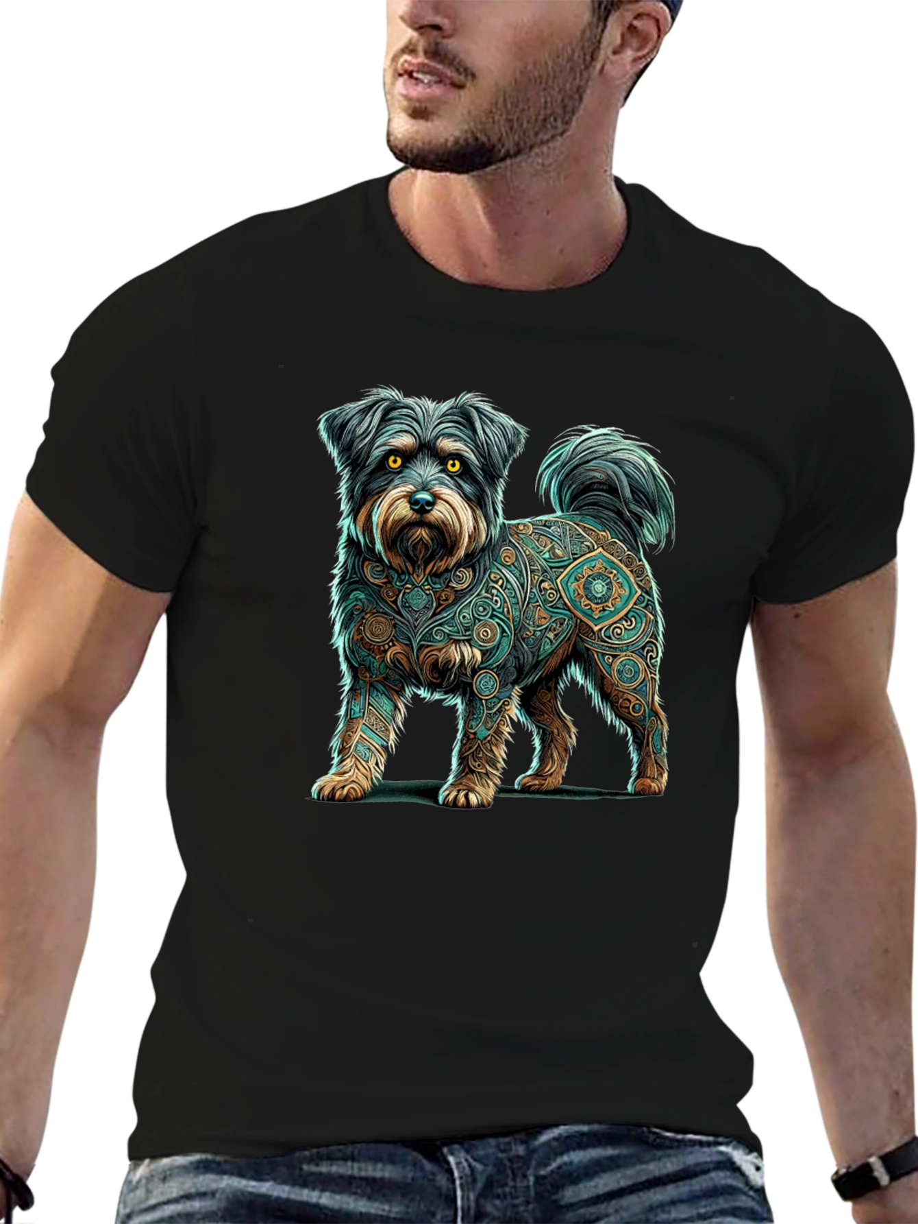 Dog Mandala Print Black T-Shirt