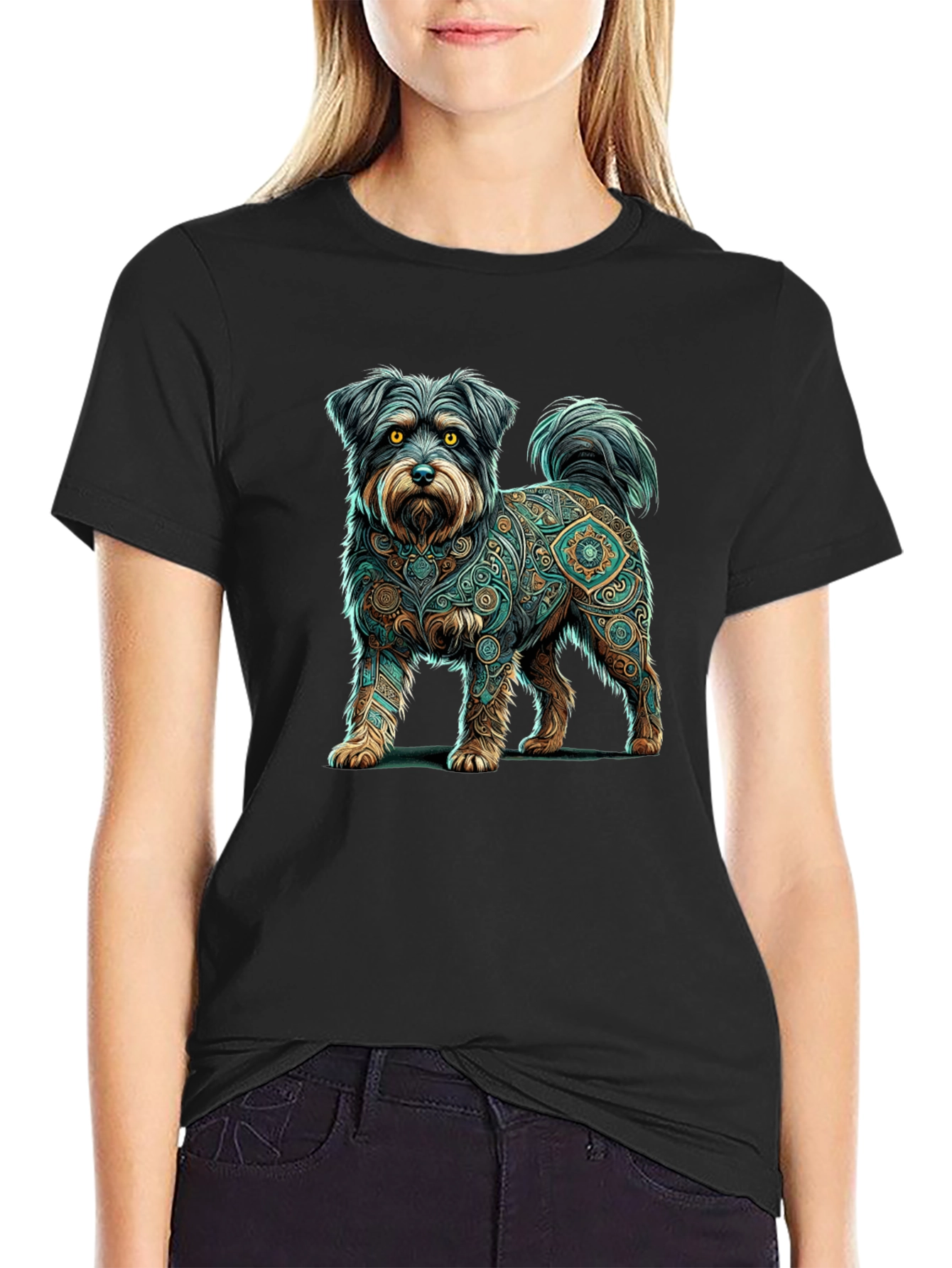 Dog Mandala Print Black T-Shirt