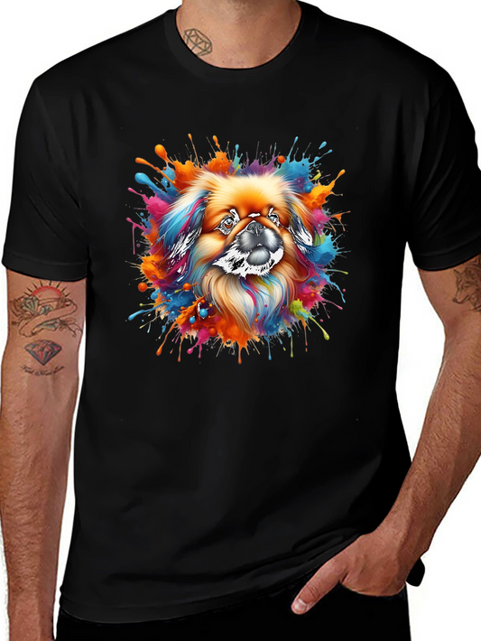 Colorful Pekingese Dog Splatter Art Black T-Shirt