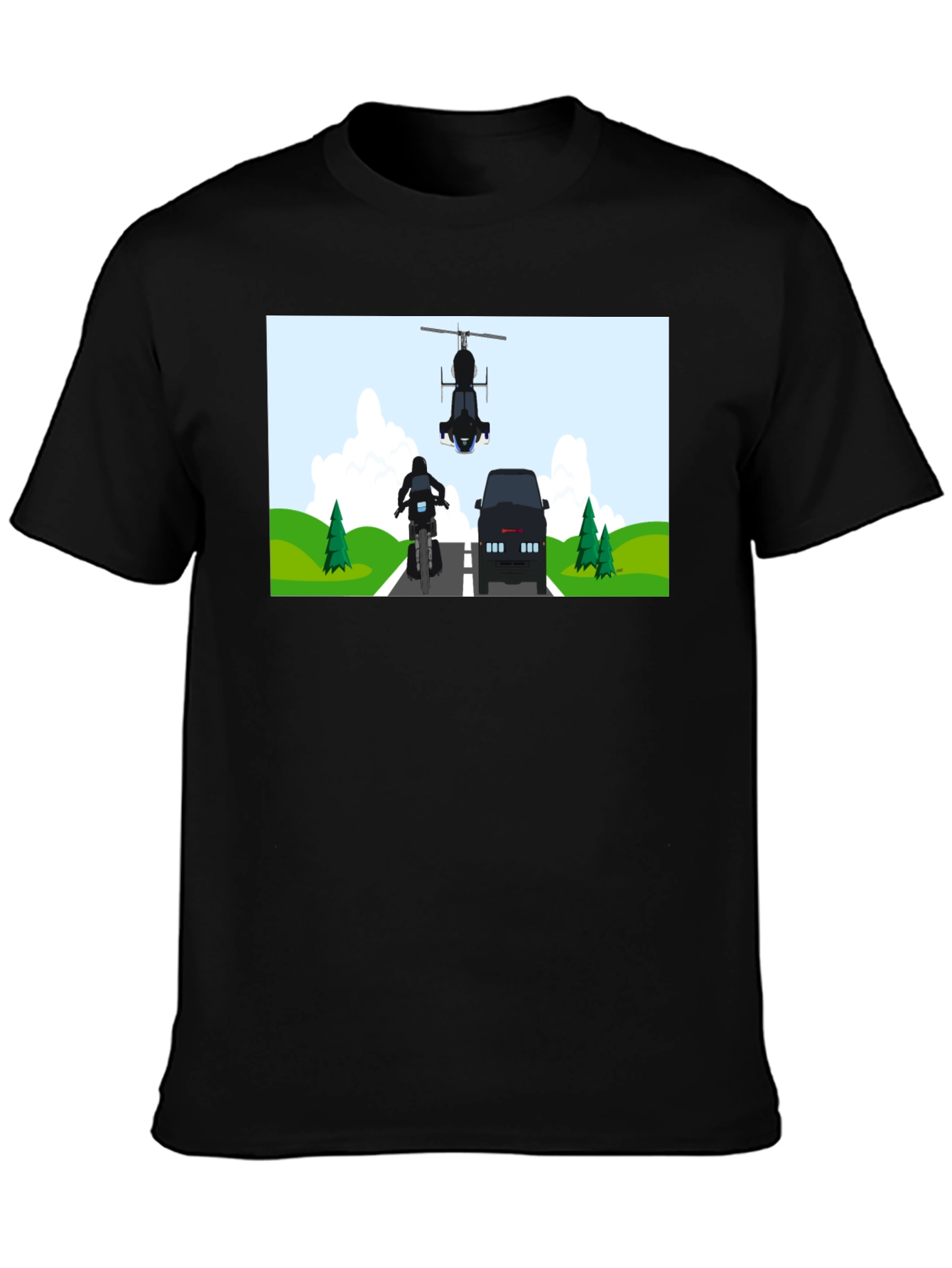 Graphic Tee: Motorcycle & Helicopter Chase