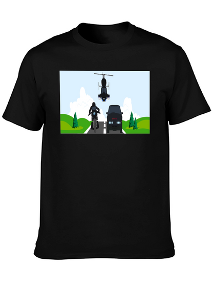 Graphic Tee: Motorcycle & Helicopter Chase