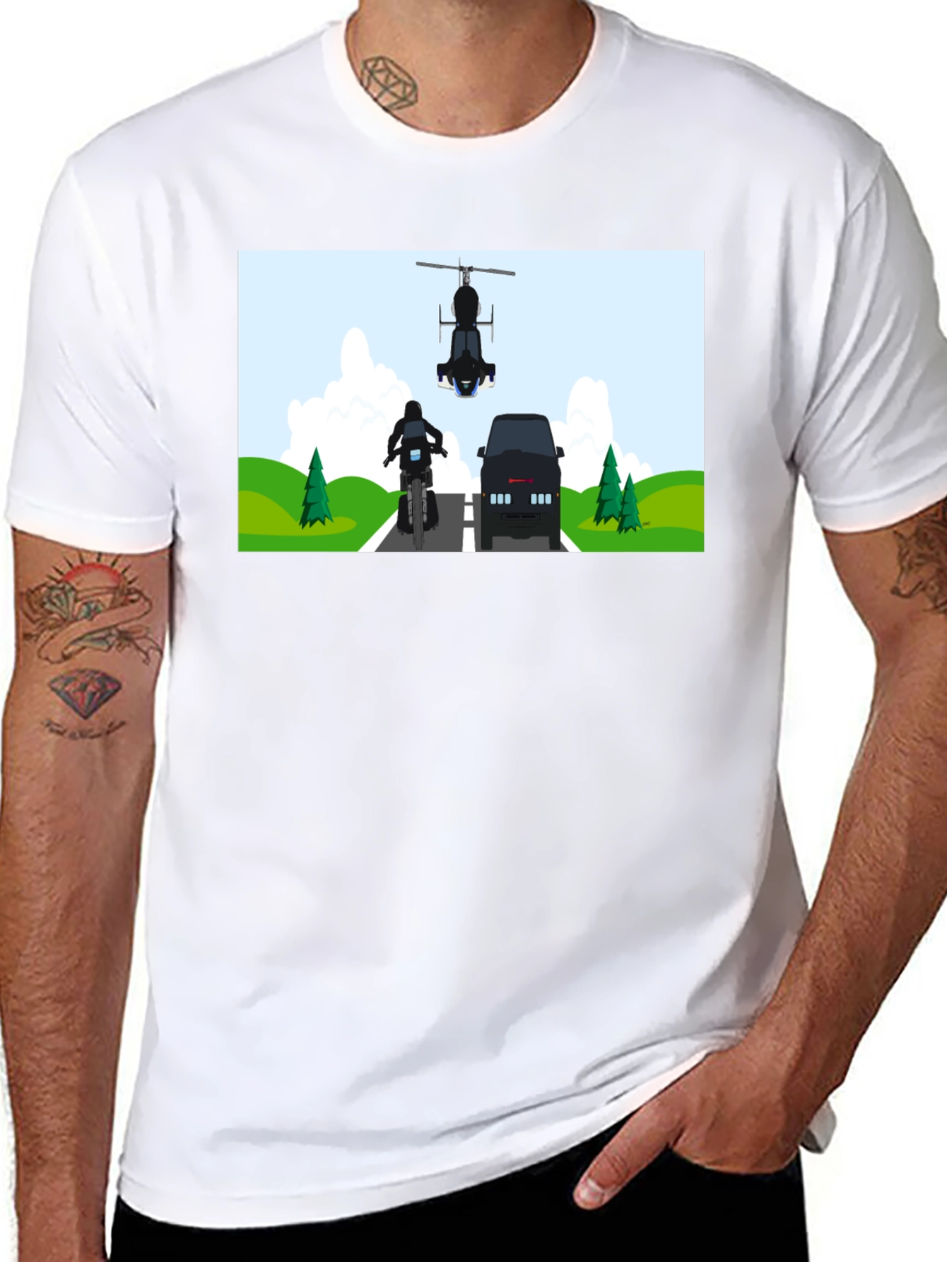 Graphic Tee: Motorcycle & Helicopter Chase
