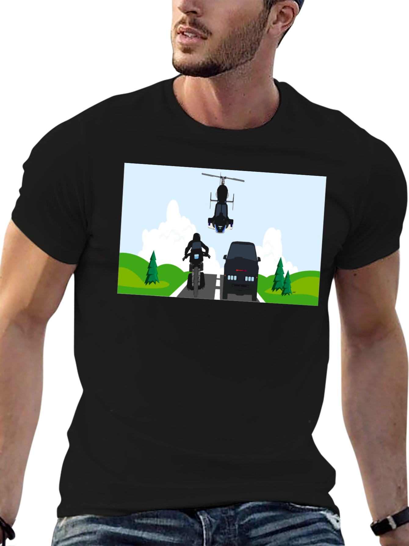 Graphic Tee: Motorcycle & Helicopter Chase
