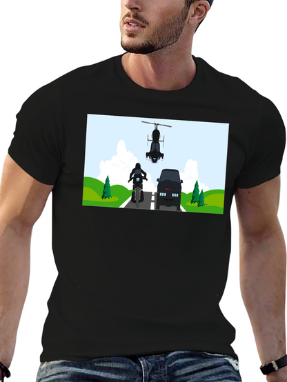 Graphic Tee: Motorcycle & Helicopter Chase