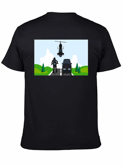 Graphic Tee: Motorcycle & Helicopter Chase