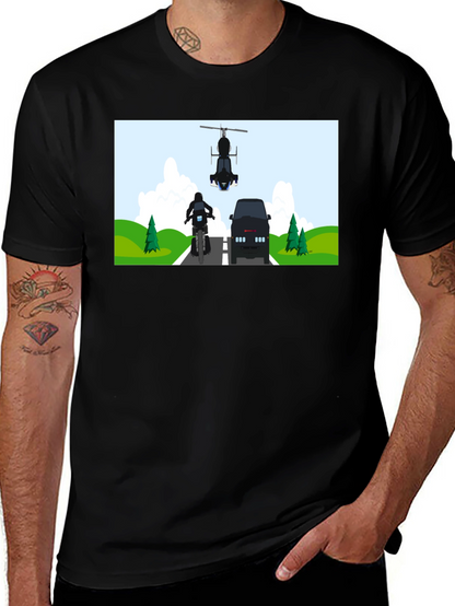 Graphic Tee: Motorcycle & Helicopter Chase