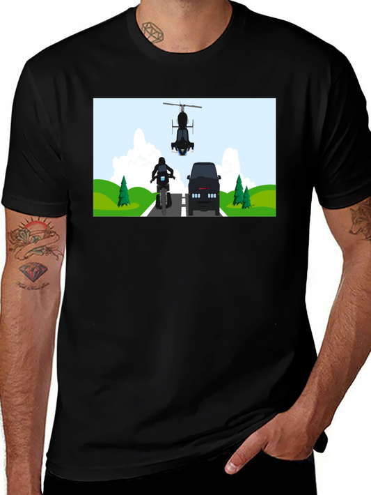 Graphic Tee: Motorcycle & Helicopter Chase