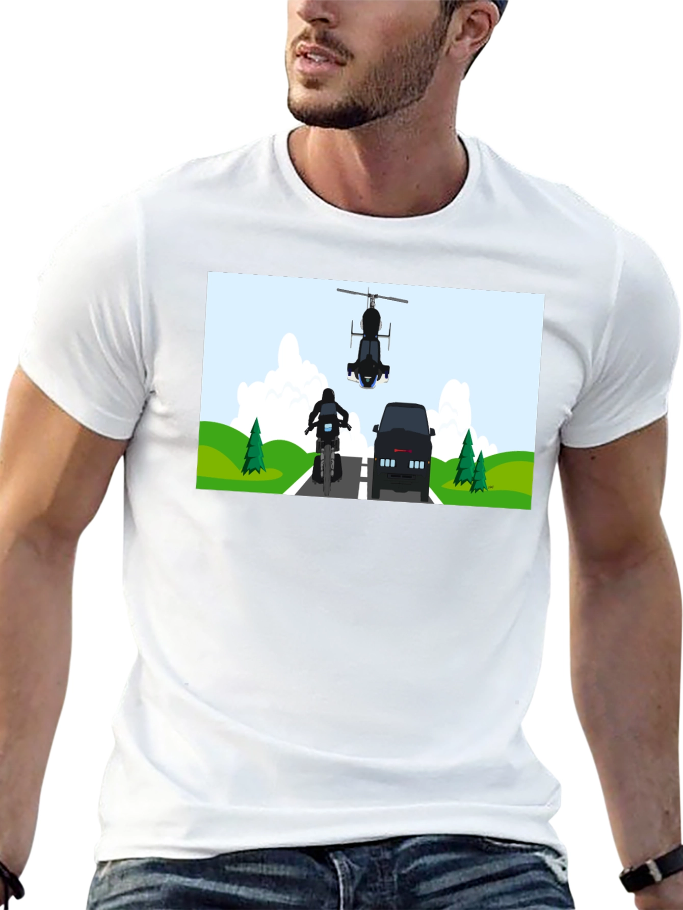 Graphic Tee: Motorcycle & Helicopter Chase