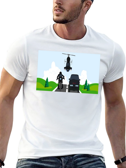Graphic Tee: Motorcycle & Helicopter Chase