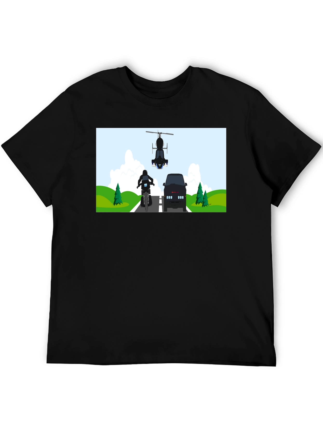 Graphic Tee: Motorcycle & Helicopter Chase