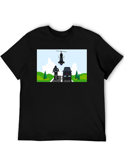 Graphic Tee: Motorcycle & Helicopter Chase