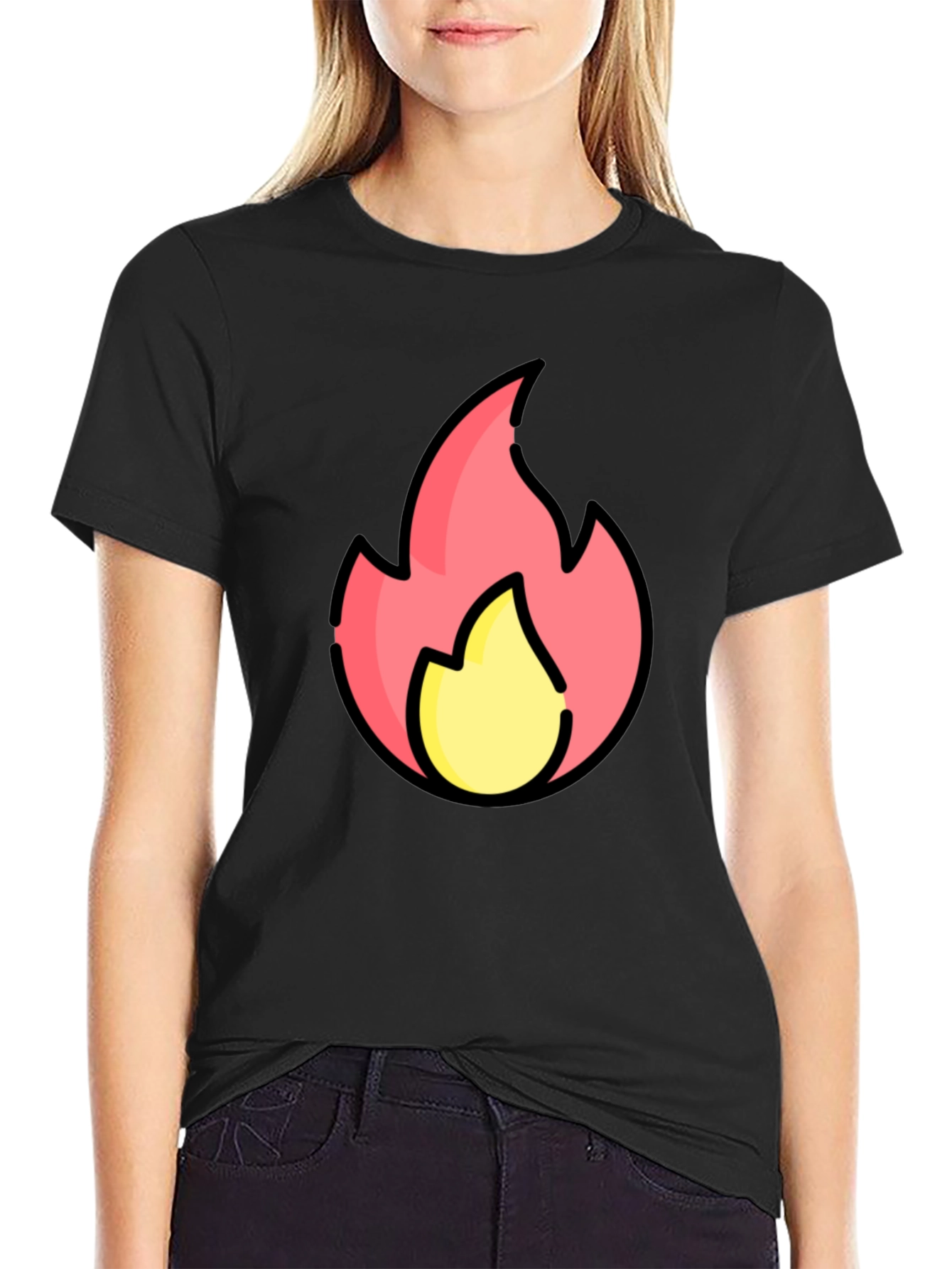 Cartoon Flame Graphic Black T-Shirt