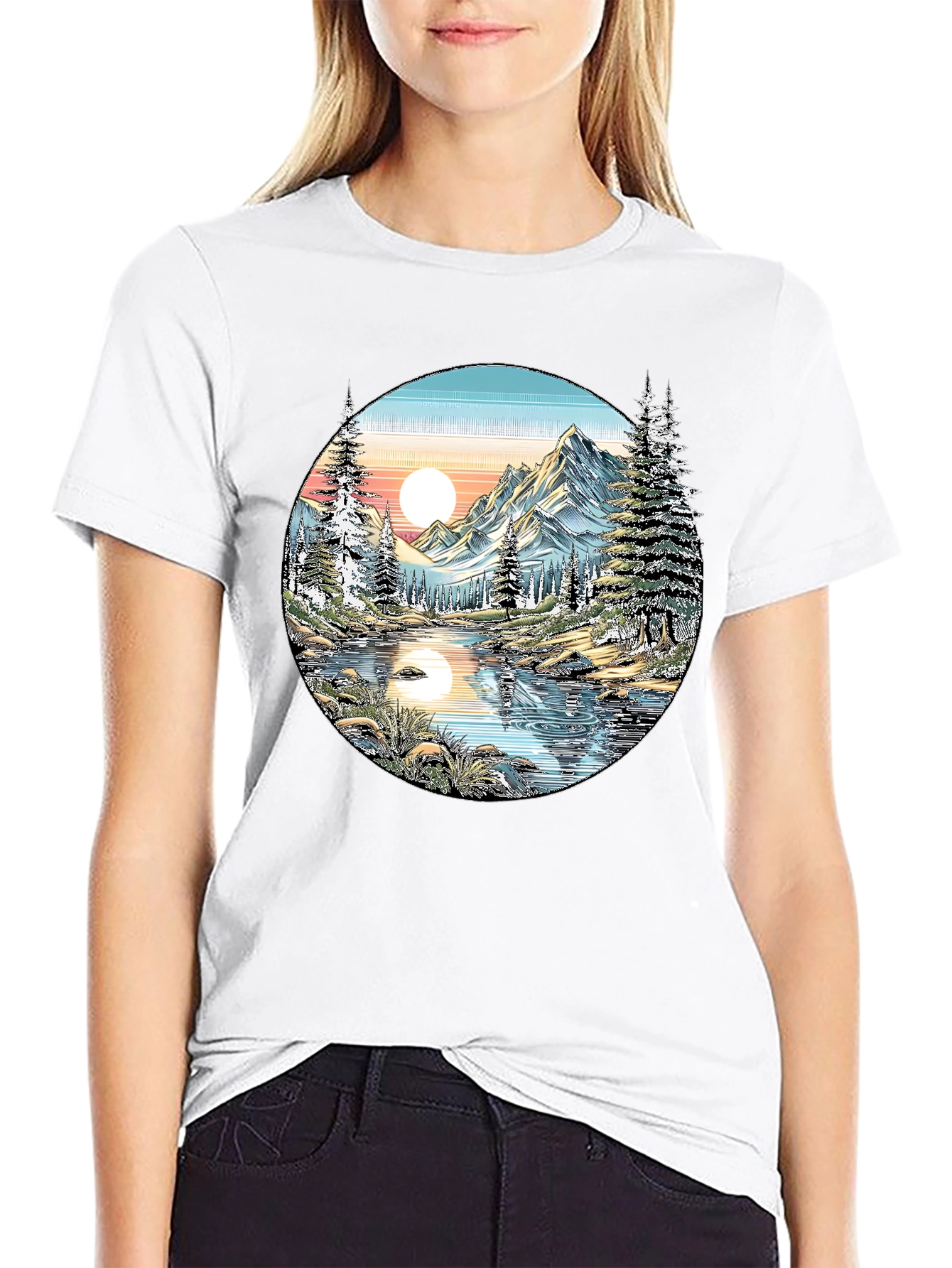 Nature Scene Graphic Tee - Mountain Lake View