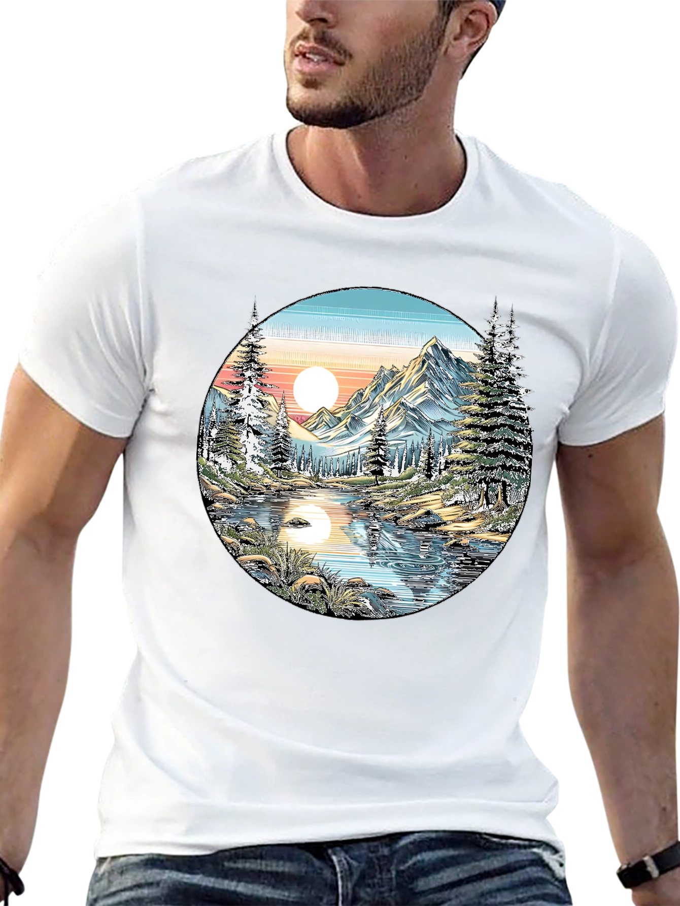Nature Scene Graphic Tee - Mountain Lake View
