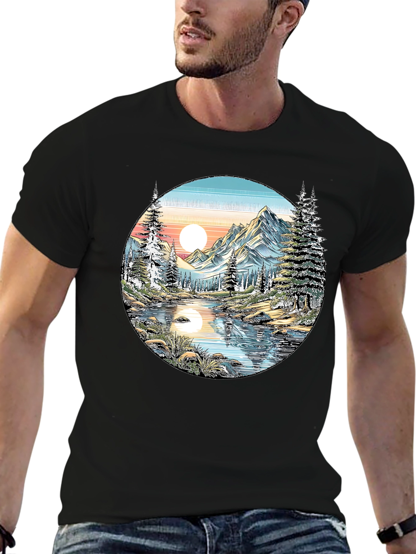 Nature Scene Graphic Tee - Mountain Lake View