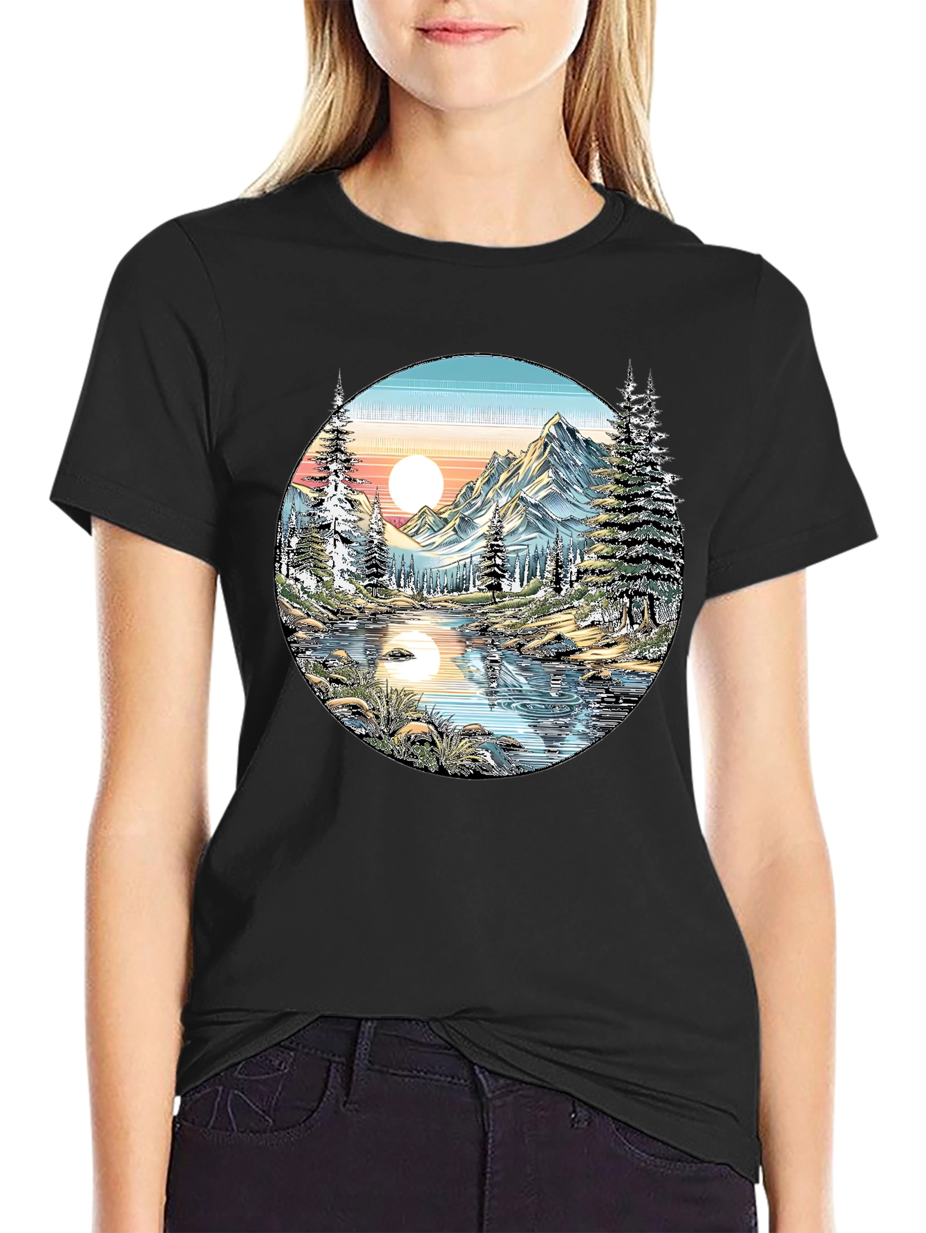 Nature Scene Graphic Tee - Mountain Lake View