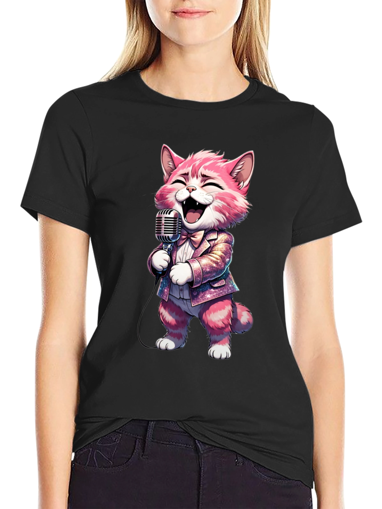 Singing Cat T-Shirt - Black Cotton Blend