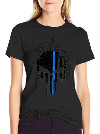 Thin Blue Line Punisher Skull Graphic T-Shirt