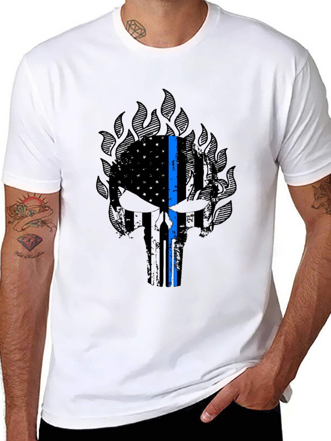 Thin Blue Line Punisher Skull Graphic T-Shirt