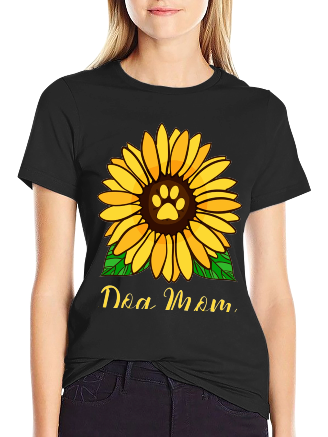 Dog Mom Sunflower Graphic Tee - Black