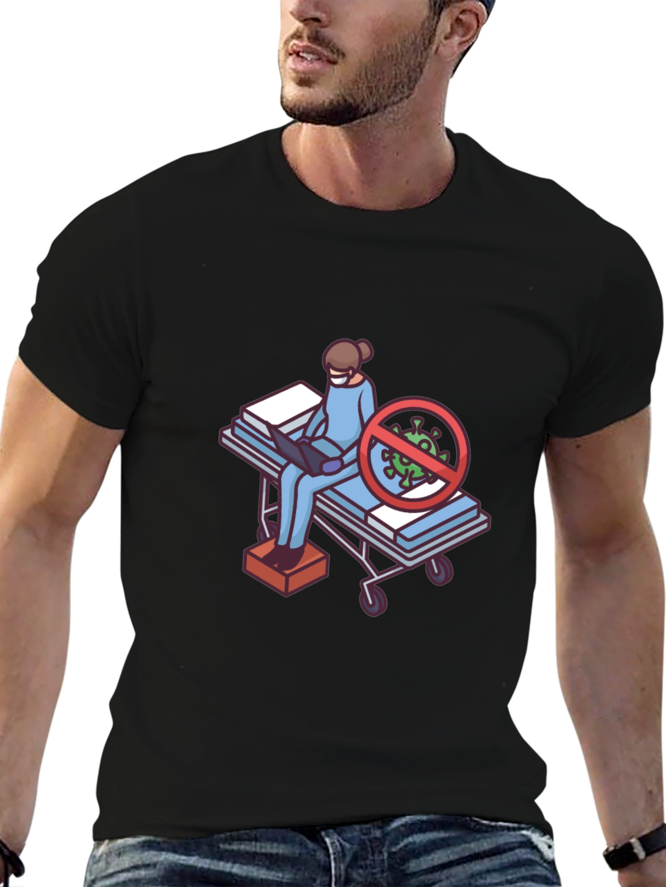 Black T-Shirt with Medical Cartoon Graphic