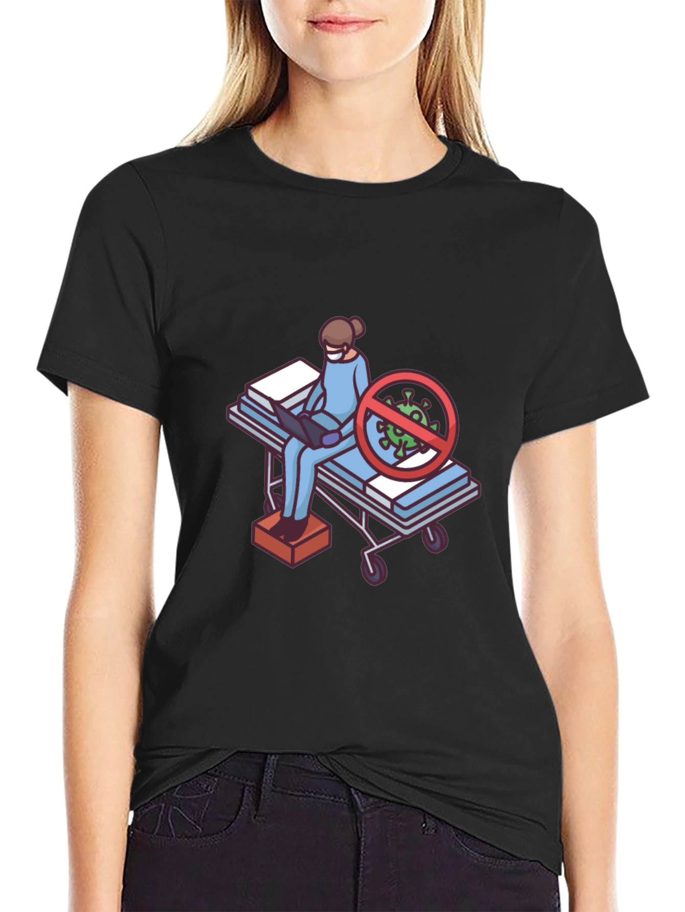 Black T-Shirt with Medical Cartoon Graphic