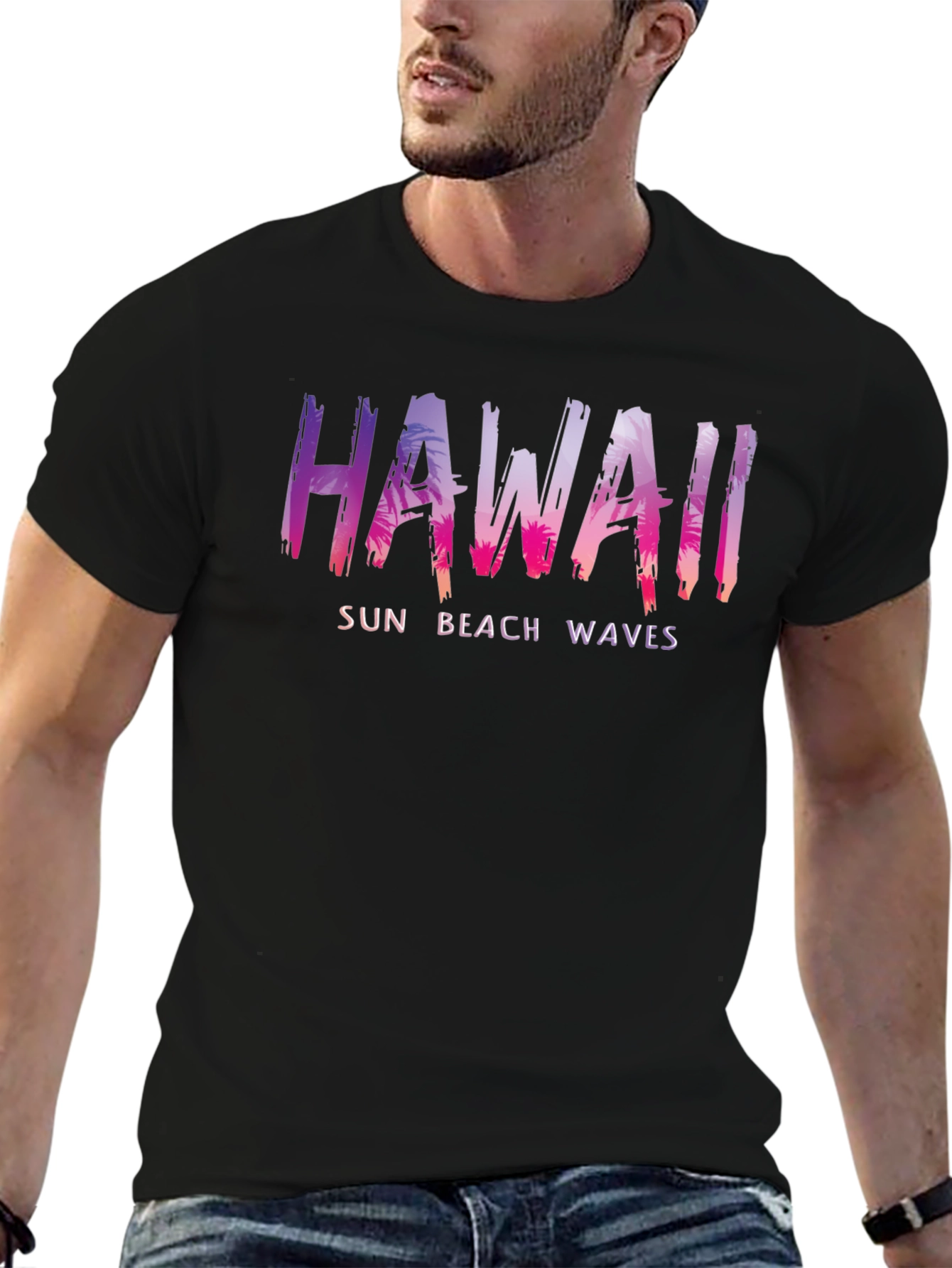 Hawaii Sun Beach Waves Mens Black T-Shirt