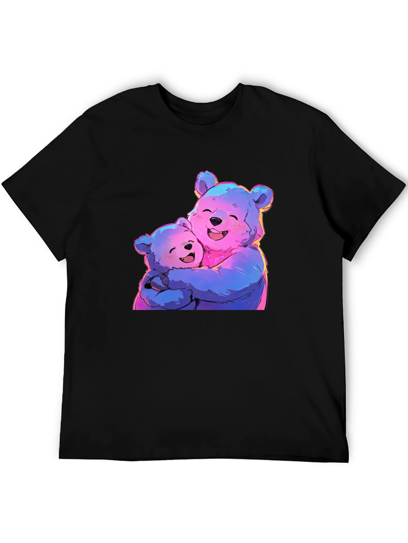 Cute Bear Hug Graphic Tee - Black Cotton Blend