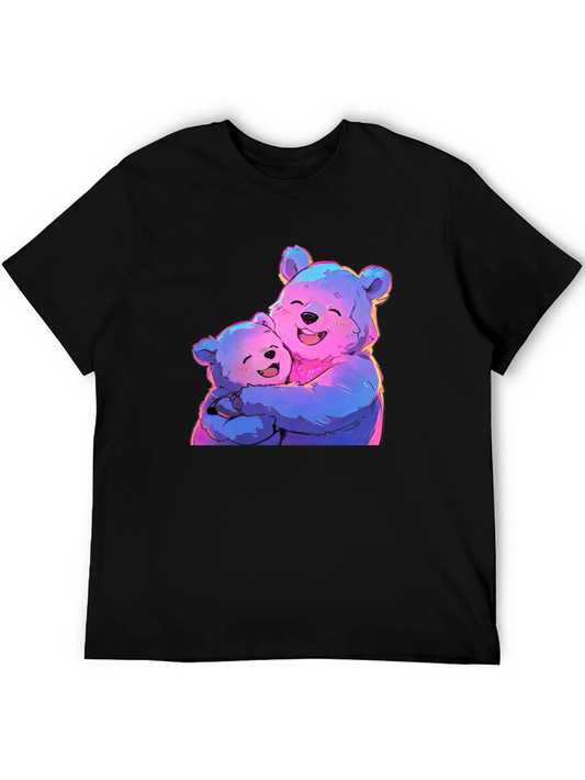 Cute Bear Hug Graphic Tee - Black Cotton Blend