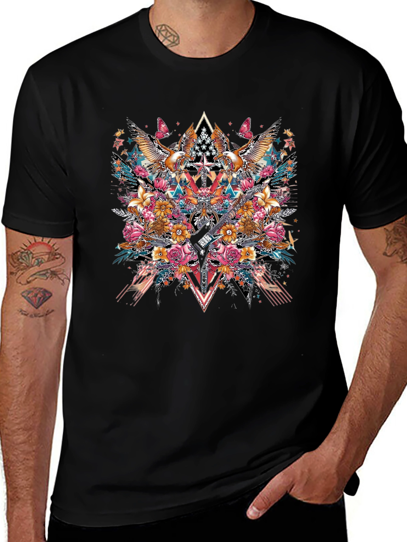 Floral Eagle Guitar Graphic Black T-Shirt