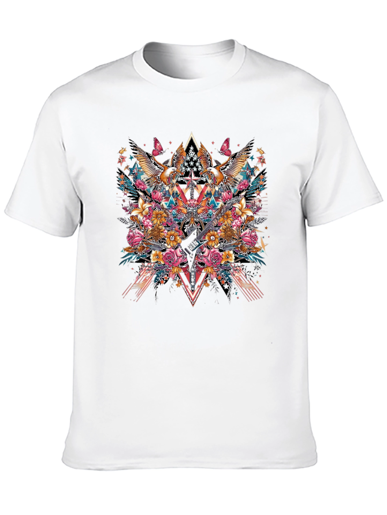 Floral Eagle Guitar Graphic Black T-Shirt