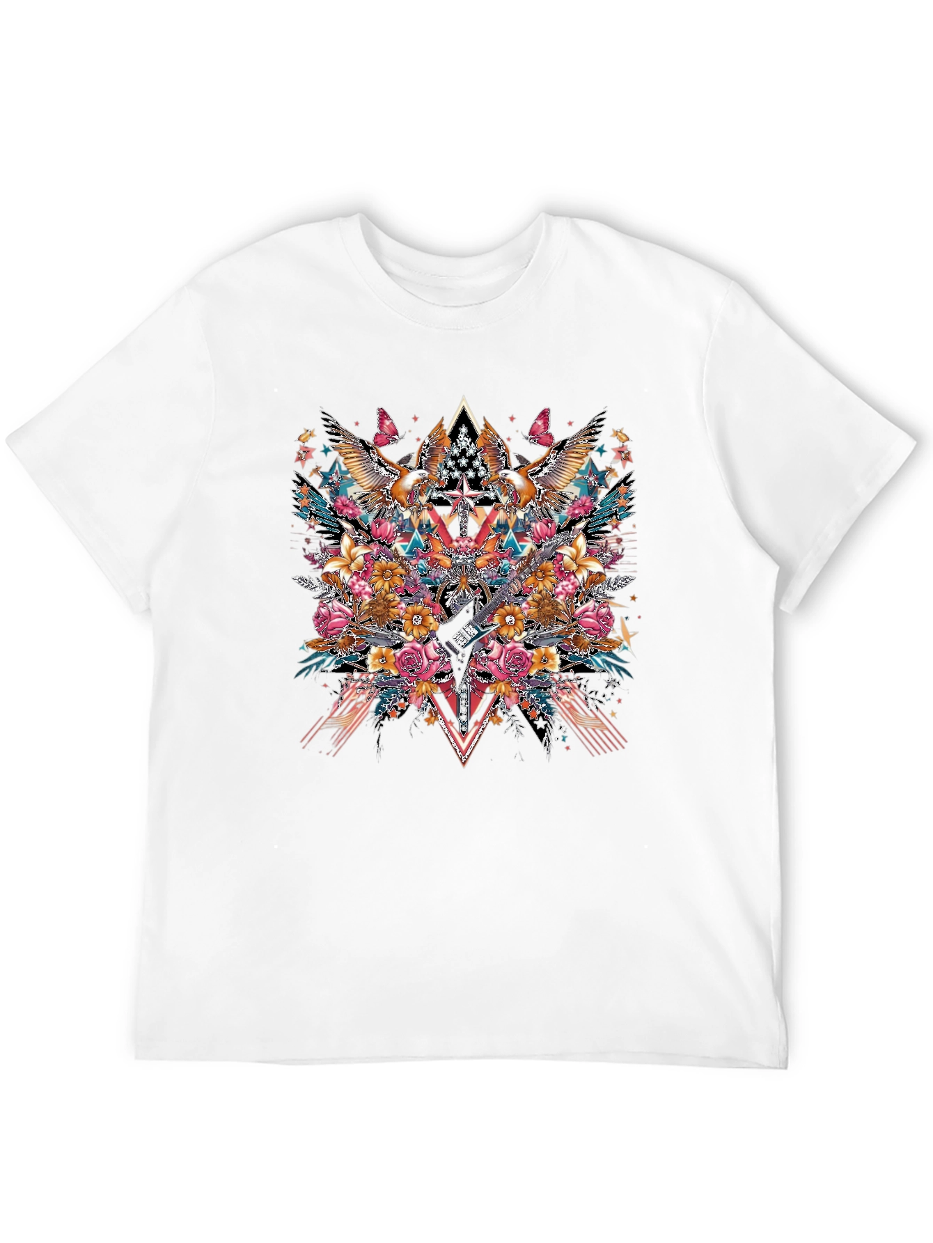 Floral Eagle Guitar Graphic Black T-Shirt