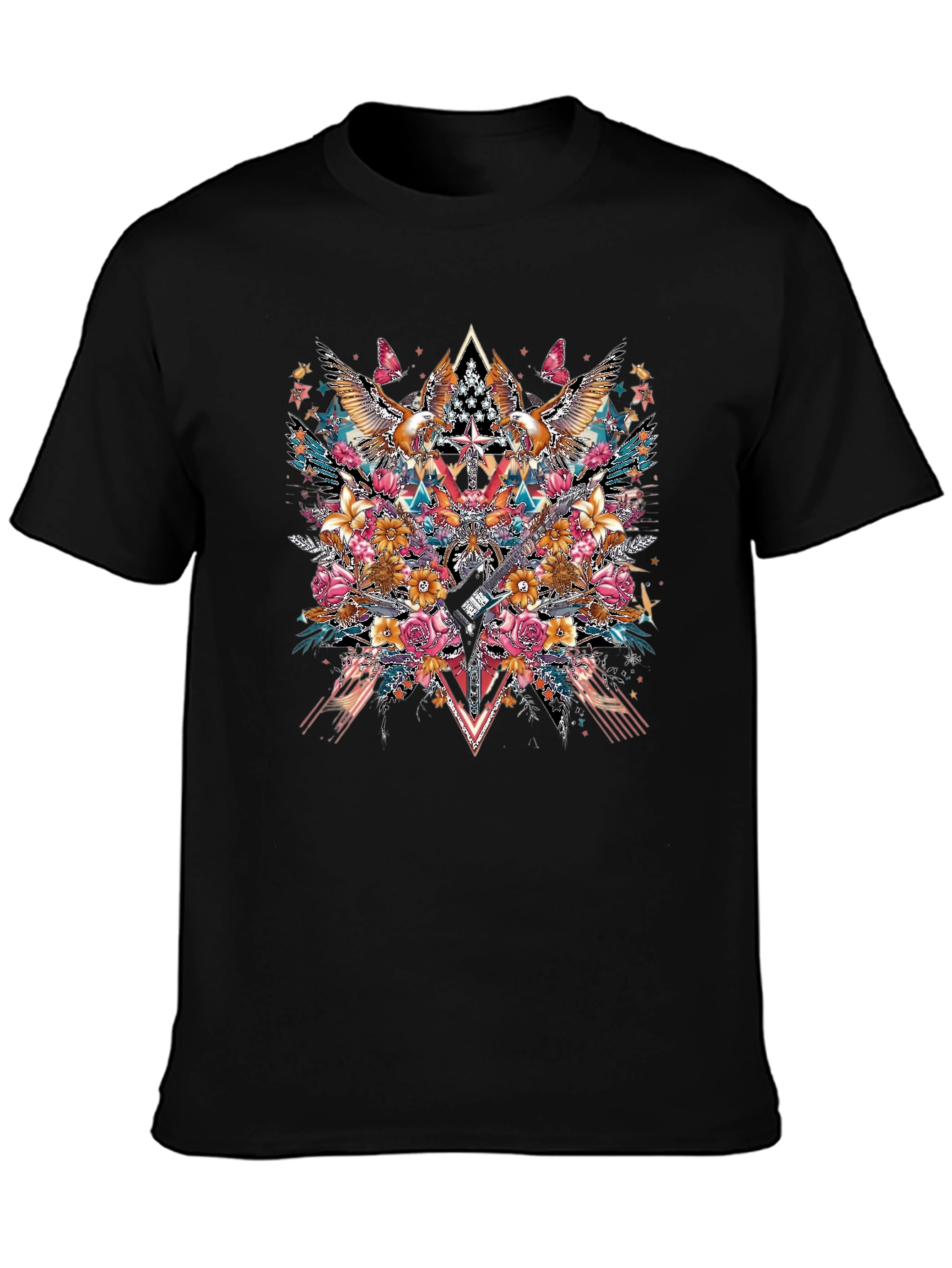 Floral Eagle Guitar Graphic Black T-Shirt