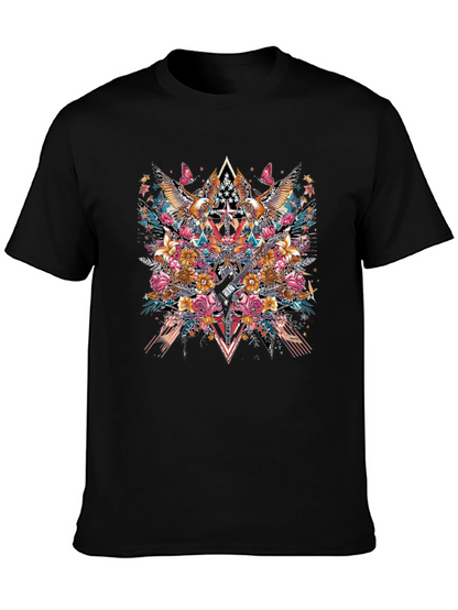 Floral Eagle Guitar Graphic Black T-Shirt