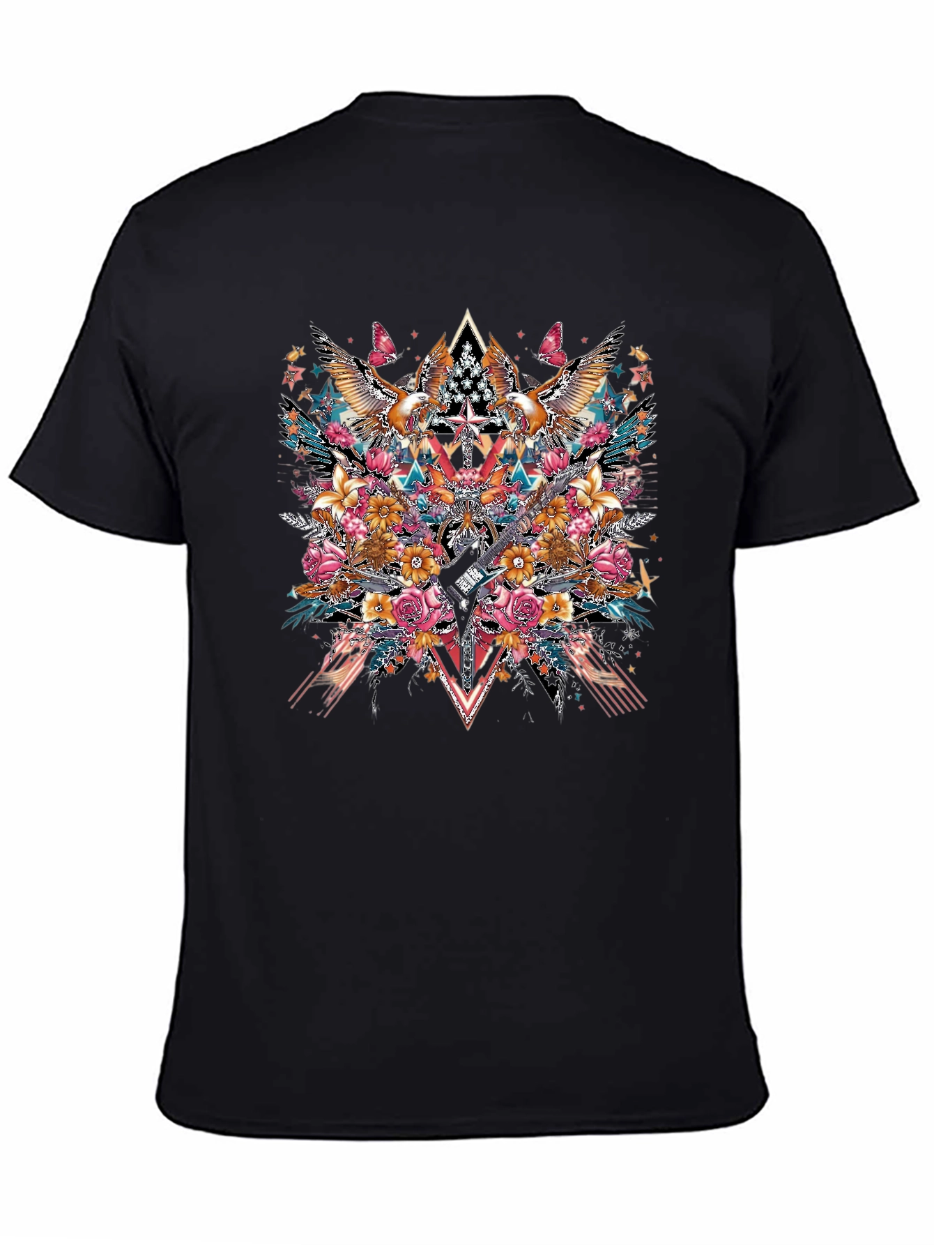 Floral Eagle Guitar Graphic Black T-Shirt