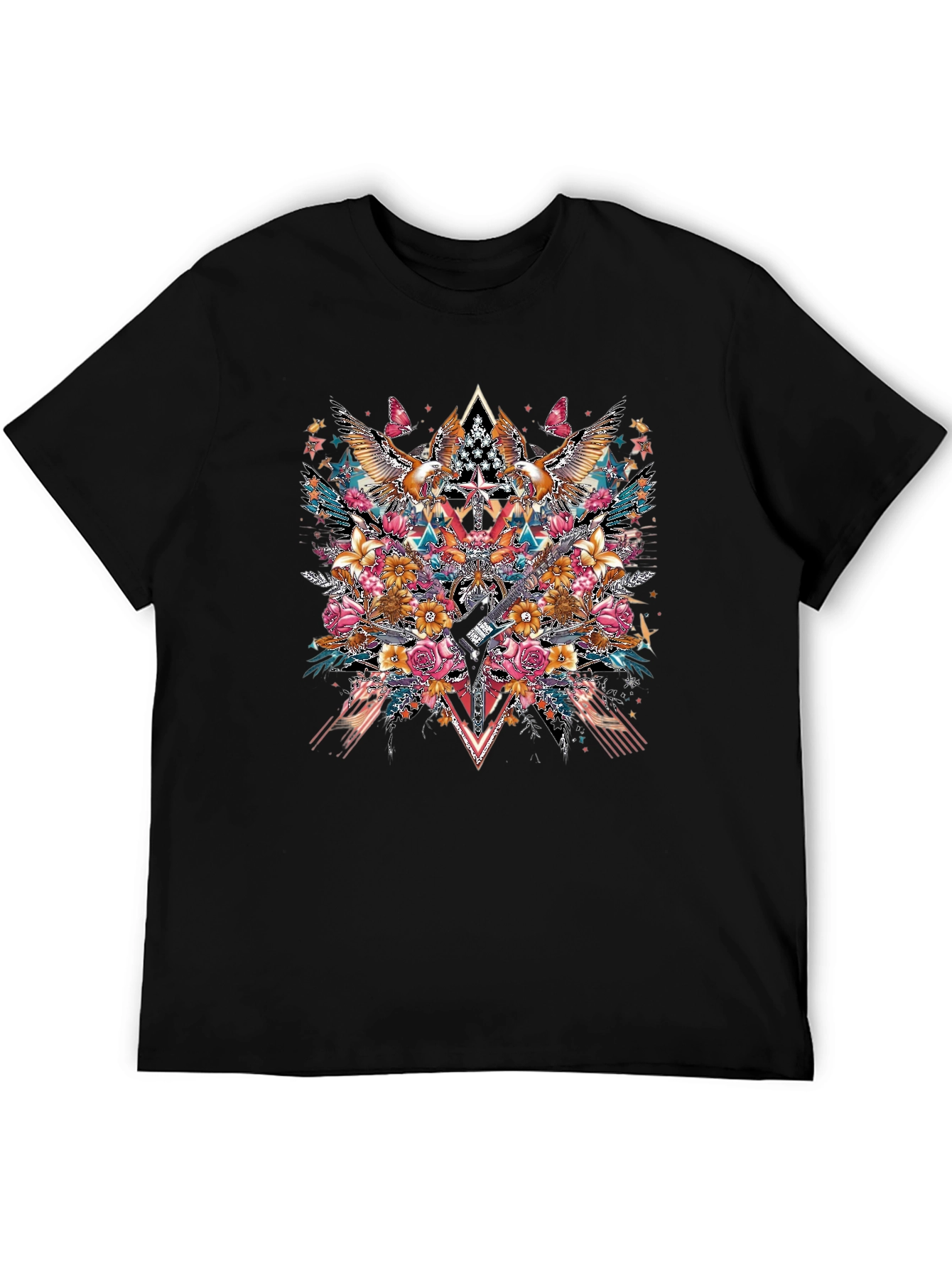 Floral Eagle Guitar Graphic Black T-Shirt