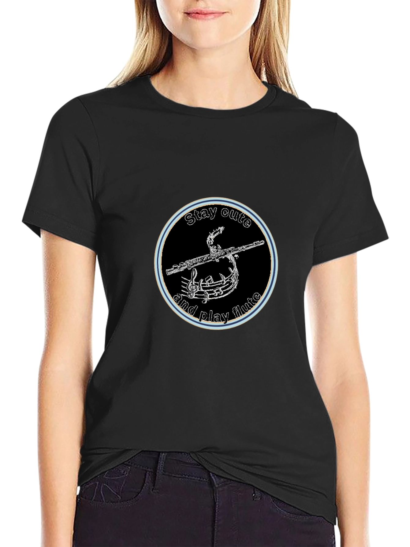 Stay Cute and Play Flute Black Graphic Tee