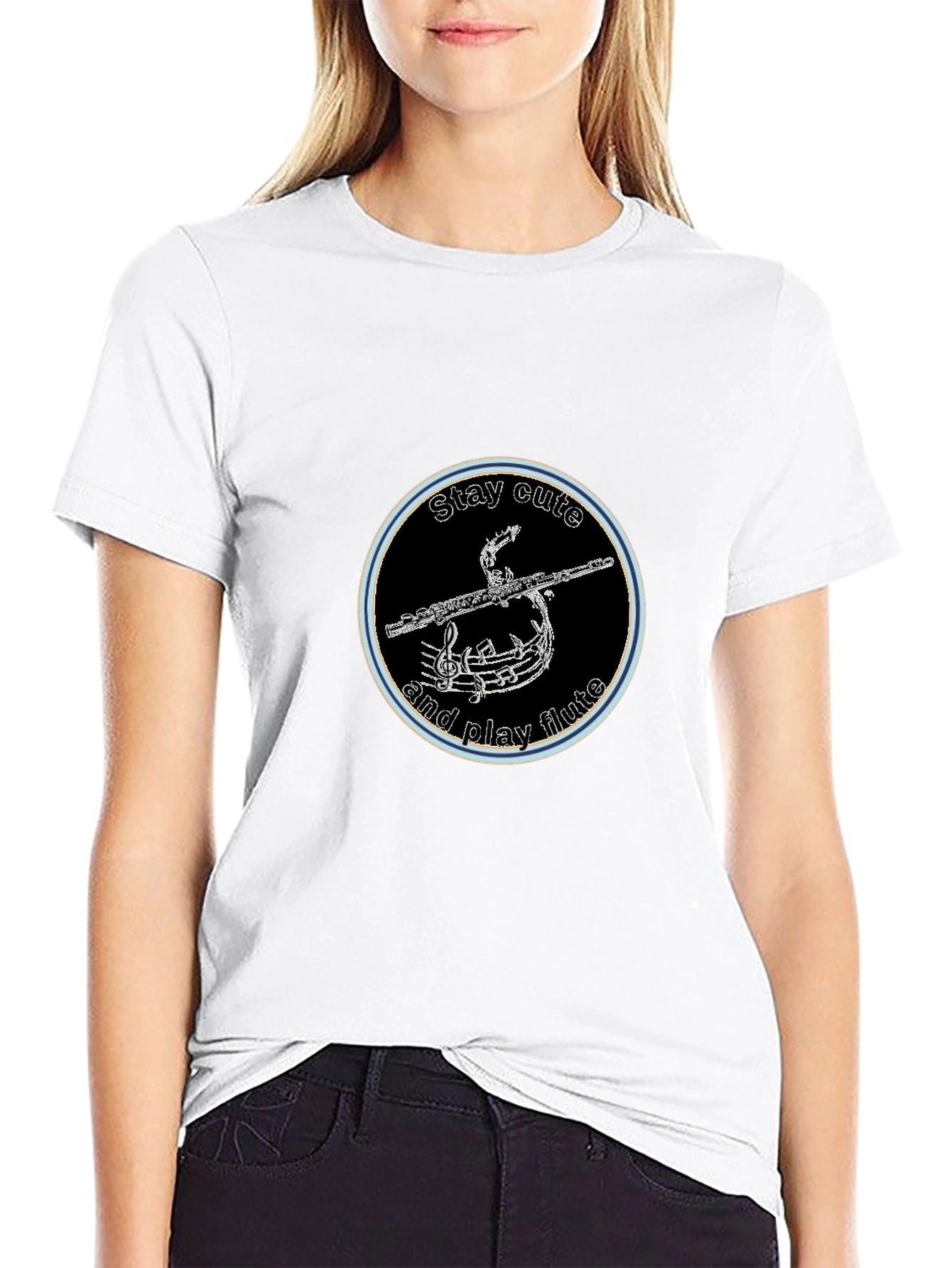 Stay Cute and Play Flute Black Graphic Tee