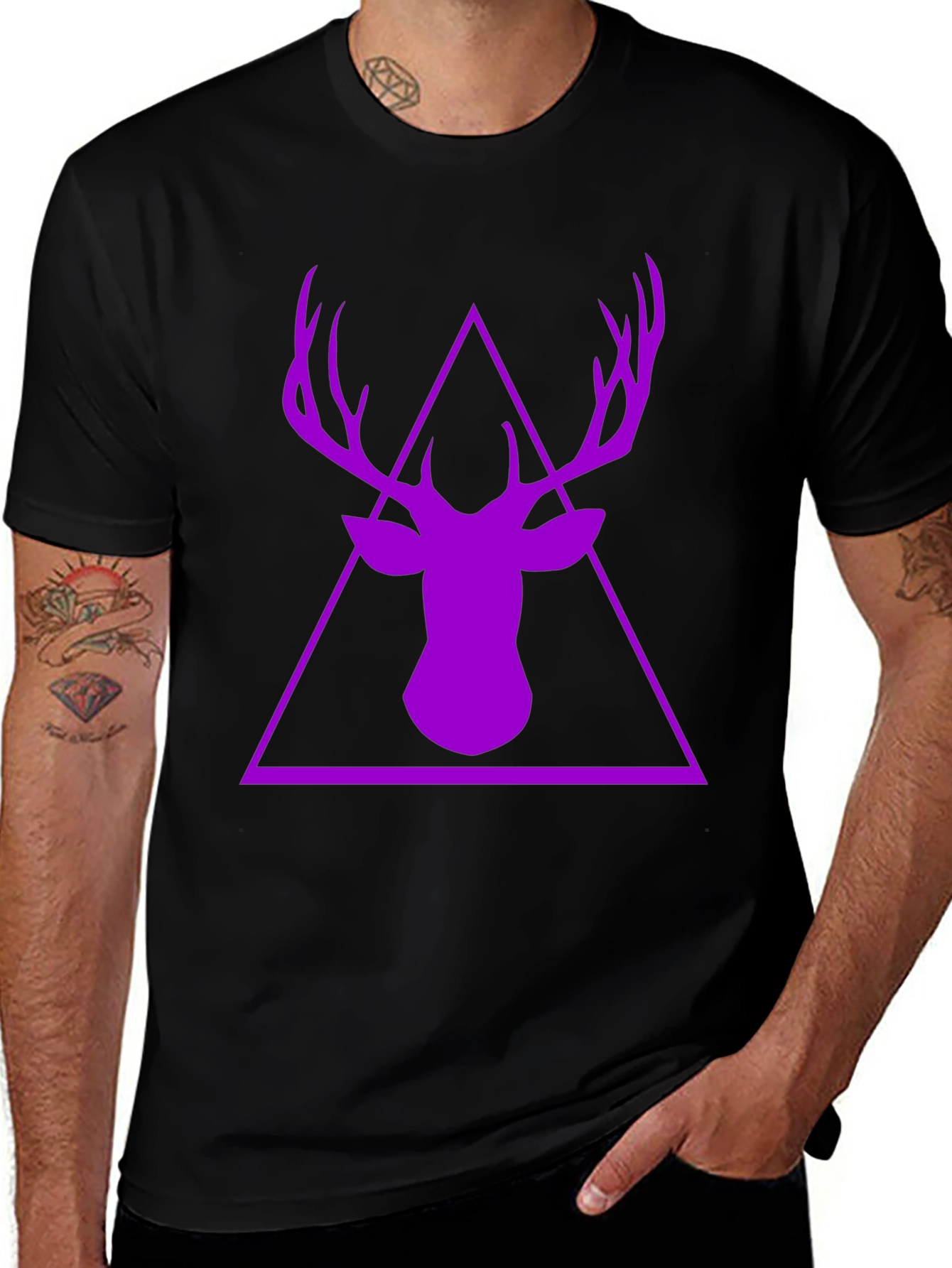 Purple Deer Triangle Graphic Black T-Shirt