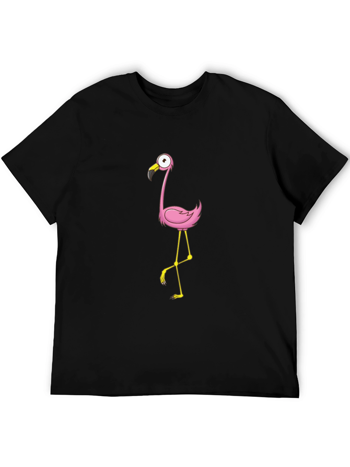 Black Tee with Cartoon Flamingo Design