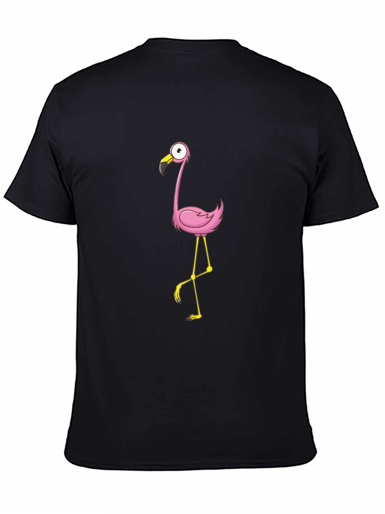 Black Tee with Cartoon Flamingo Design