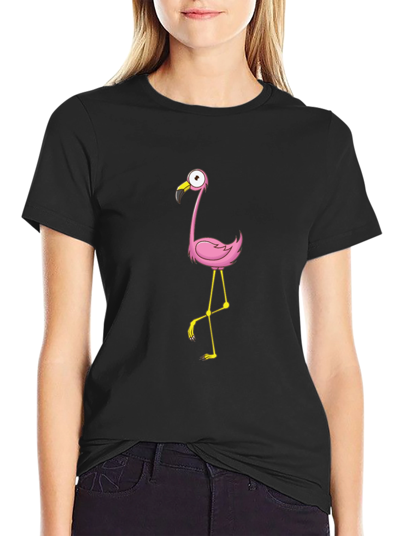 Black Tee with Cartoon Flamingo Design