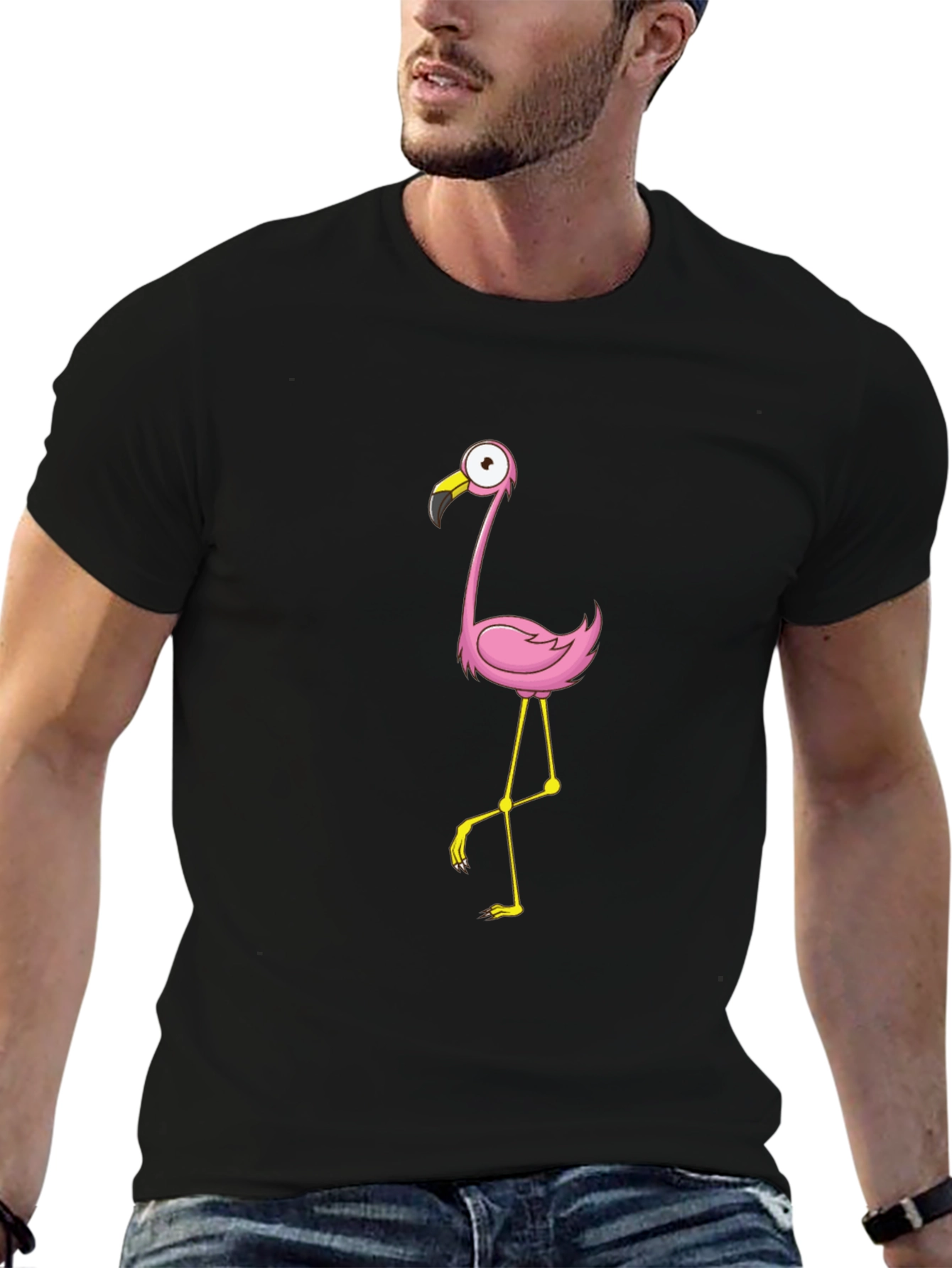 Black Tee with Cartoon Flamingo Design
