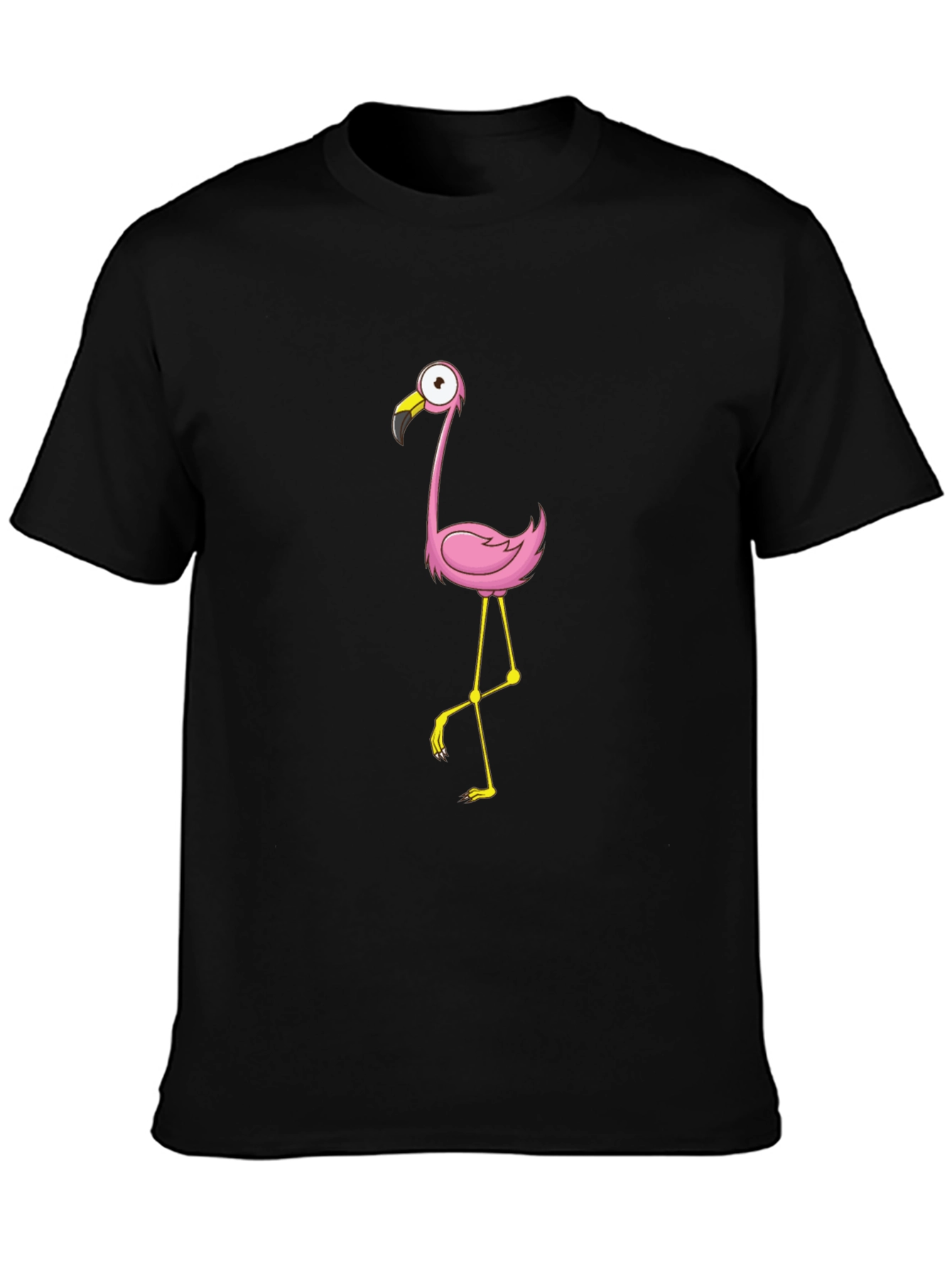 Black Tee with Cartoon Flamingo Design